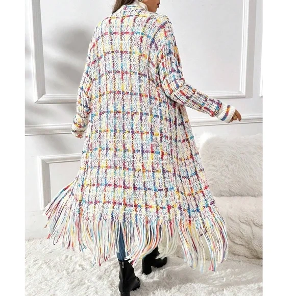 Plus Multicolor Fringe Hem Open Front Long Cardigan - Picture 4 of 7